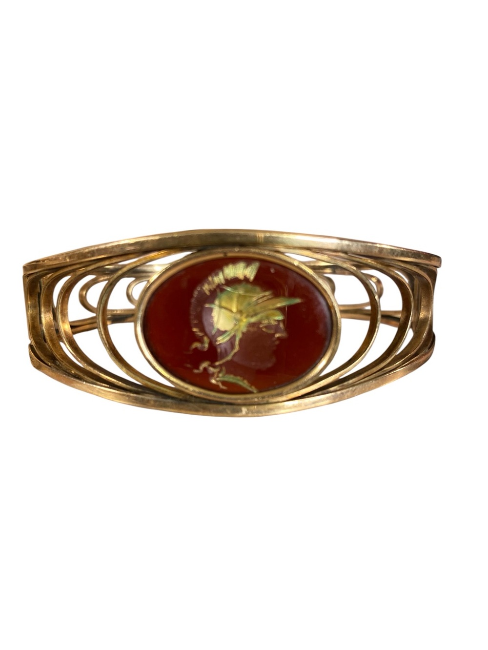 Vintage Intaglio Cameo Bracelet Gold-Tone Red Enamel Open Scrollwork Cuff Hinged